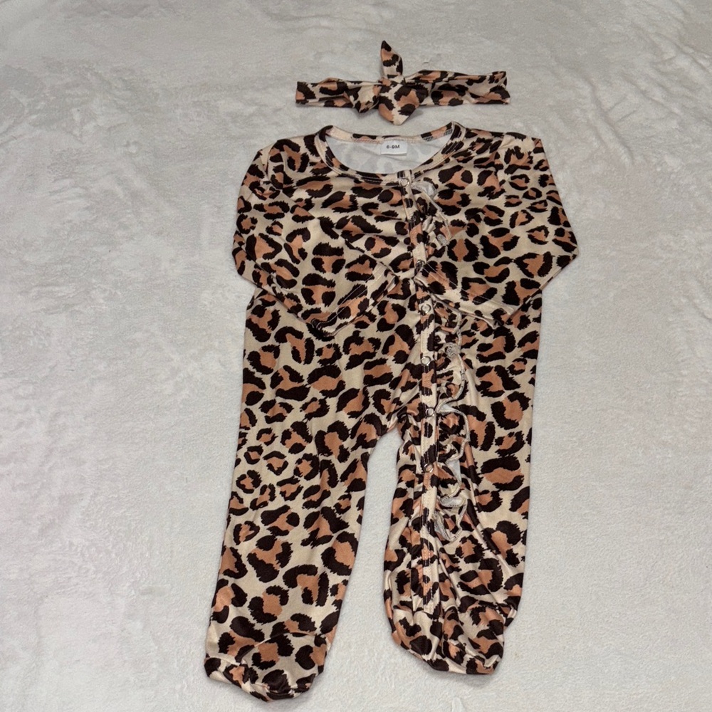 Leopard Print Baby Onesie sleeper footie with Headband 6-9 month